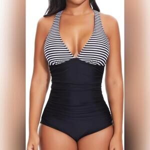 NWT SHAPERIN One Piece Tummy Control V Neck Ruched Swimsuit, Medium